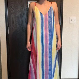 Rainbow Print Spaghetti Strap V Neck Maxi Dress